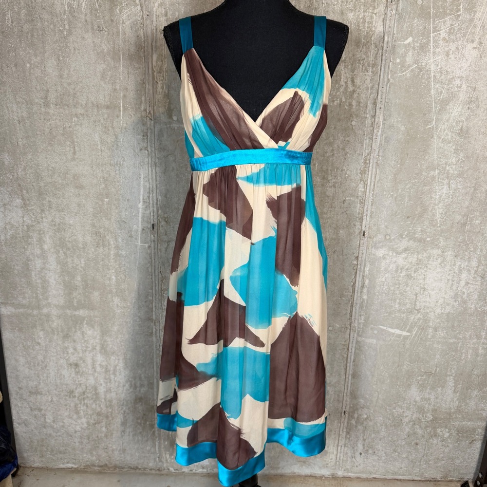 Sue Wong 100% Silk Abstract Print Empire Waist Cocktail Dress Turquoise Brown 6